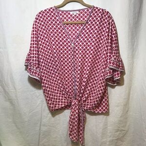 Max Studio * Woman’s Kimono Floral Blouse Red White Blue Size Large L EUC Casual